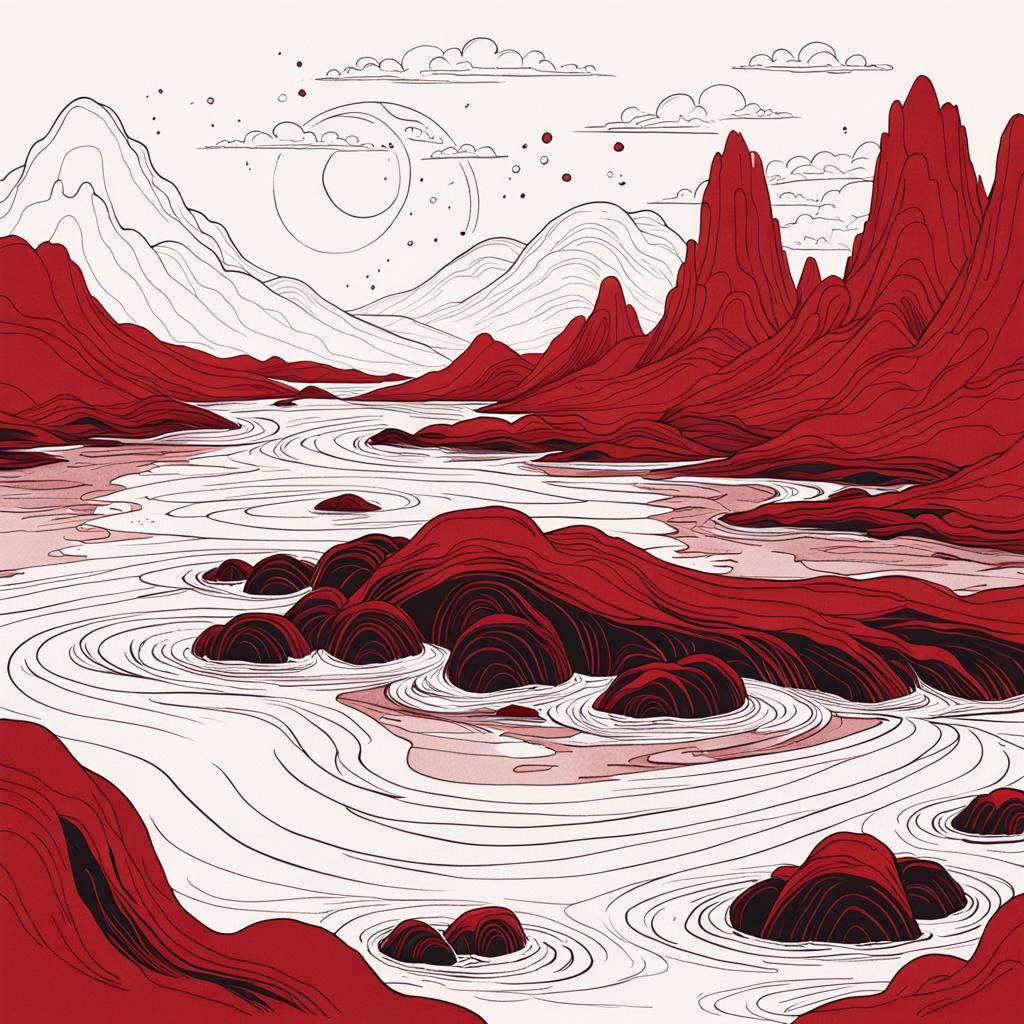 Ethereal Abstract Ocean in Deep Red, Minimalist Art