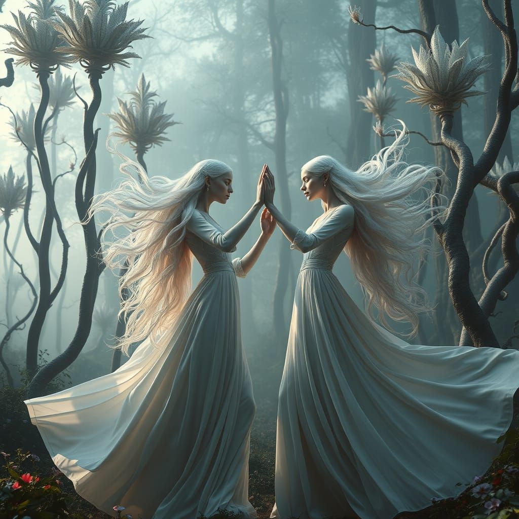 two mysterious dreamy porcelain-skin ladies, wearing draped ...