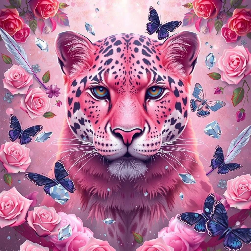Majestic Pink Panther Portrait with Roses and Gemstones
