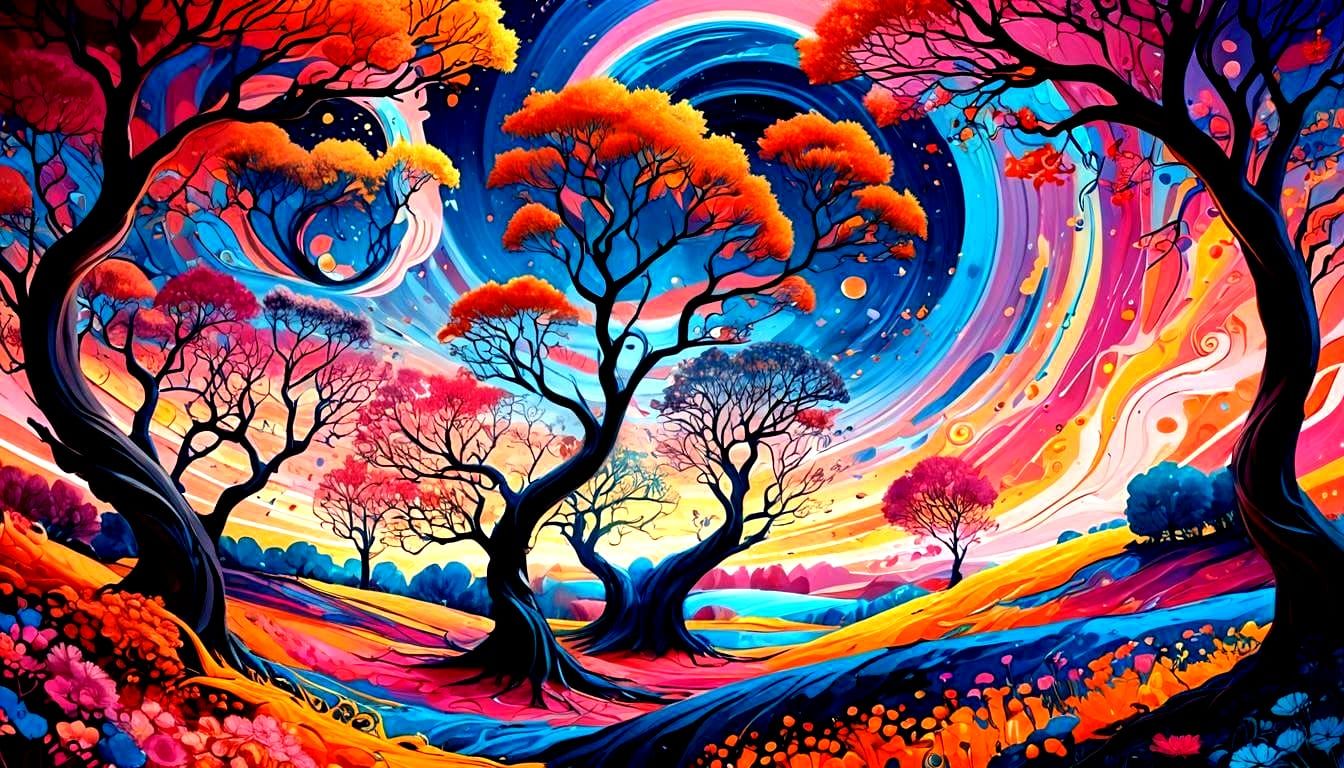 Vibrant Surreal Landscape with Swirling Colors