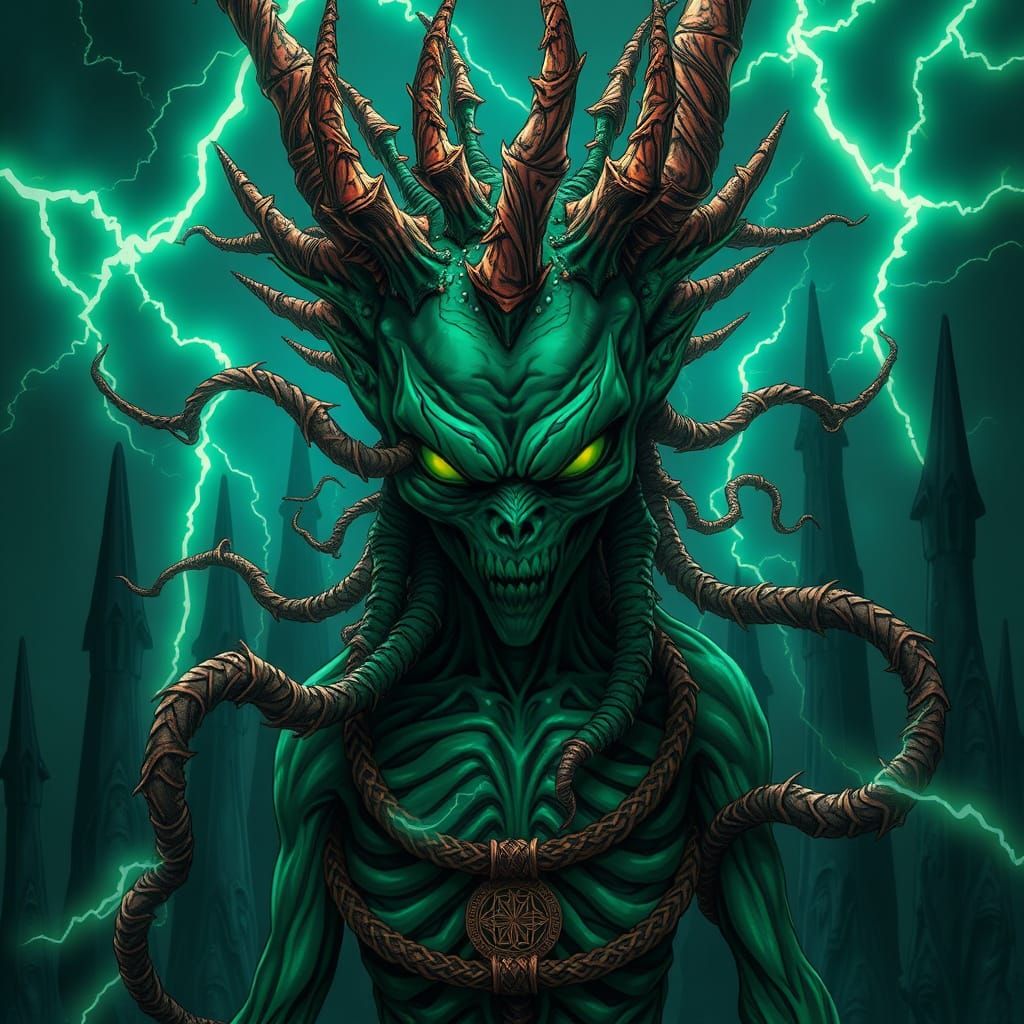 Eldritch Green Lightning Demon in Horror Anime Style