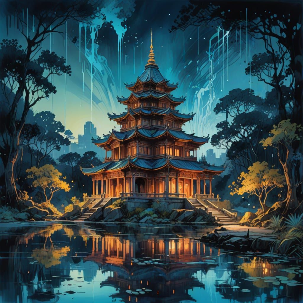 Surreal Watercolour Temple Scene at Blue Hour