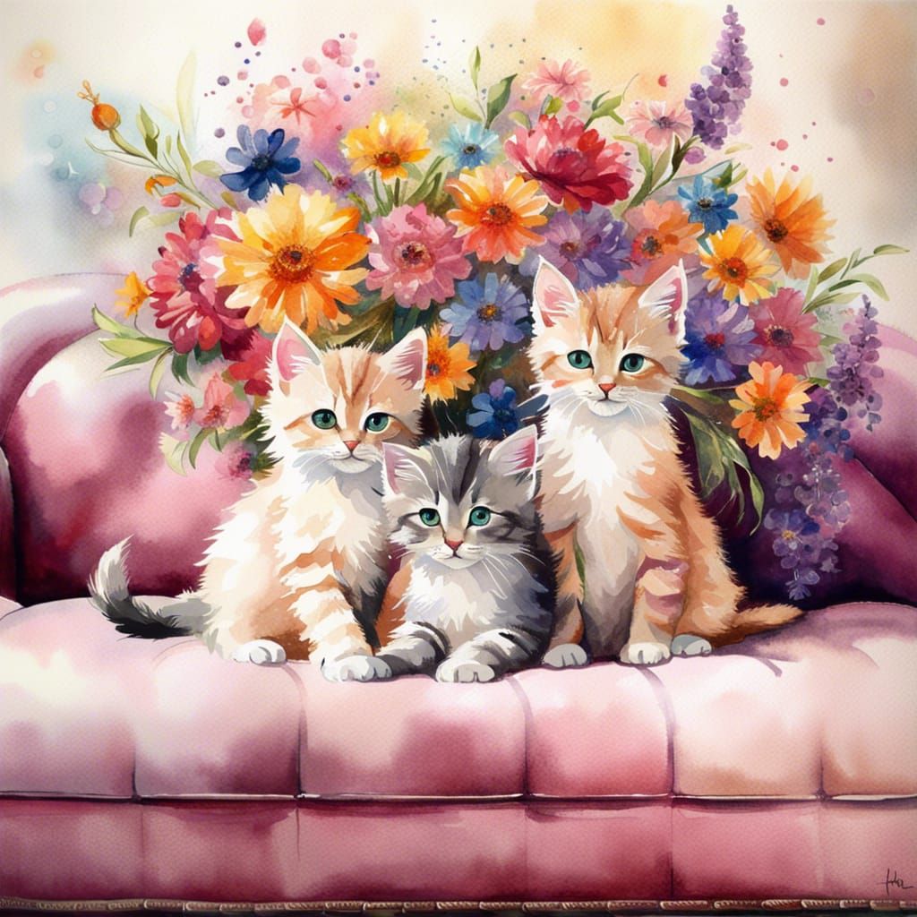 Adorable Kittens with Flowers: Watercolor Art