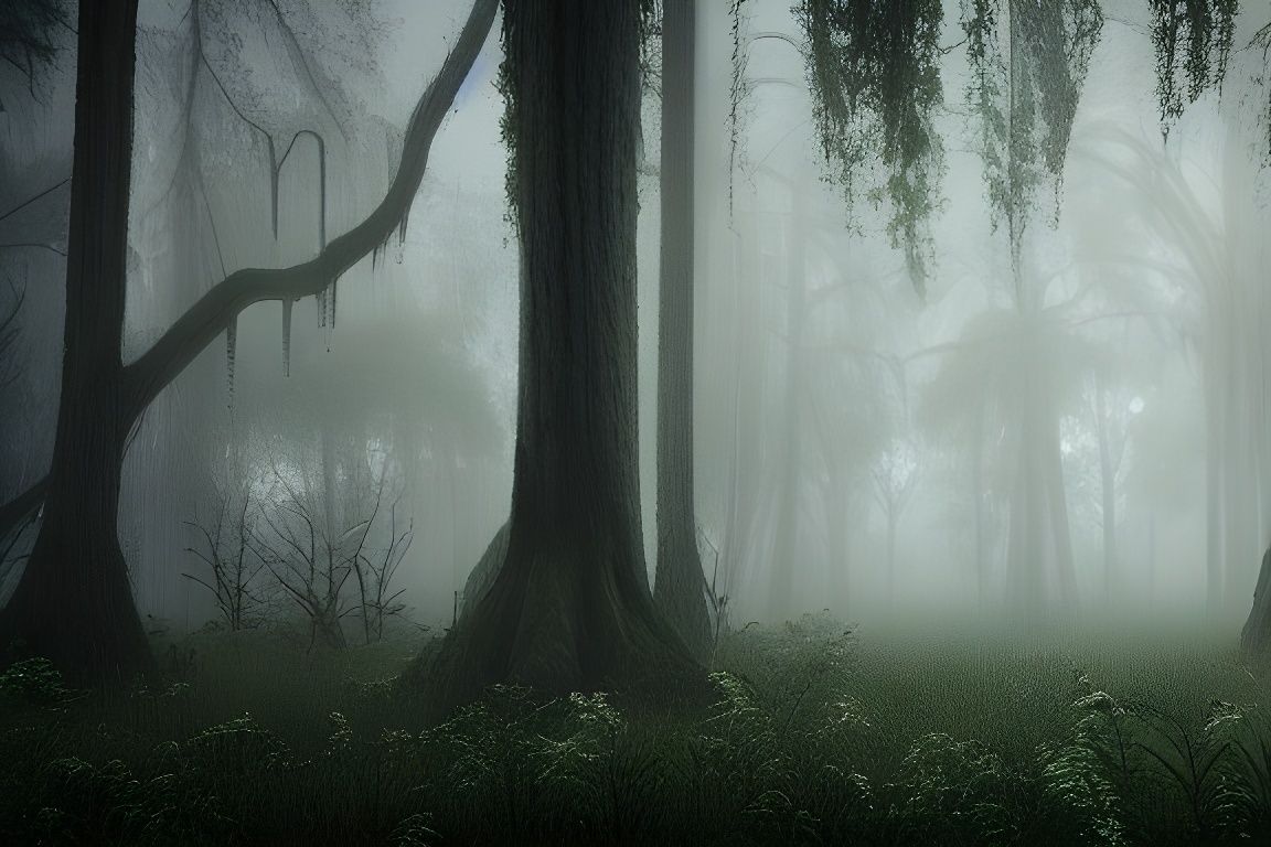Misty Swamp at Dawn: Hyperrealistic Photorealistic Image