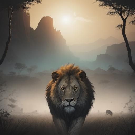 Lion in Double Exposure Manhwa-Inspired Style