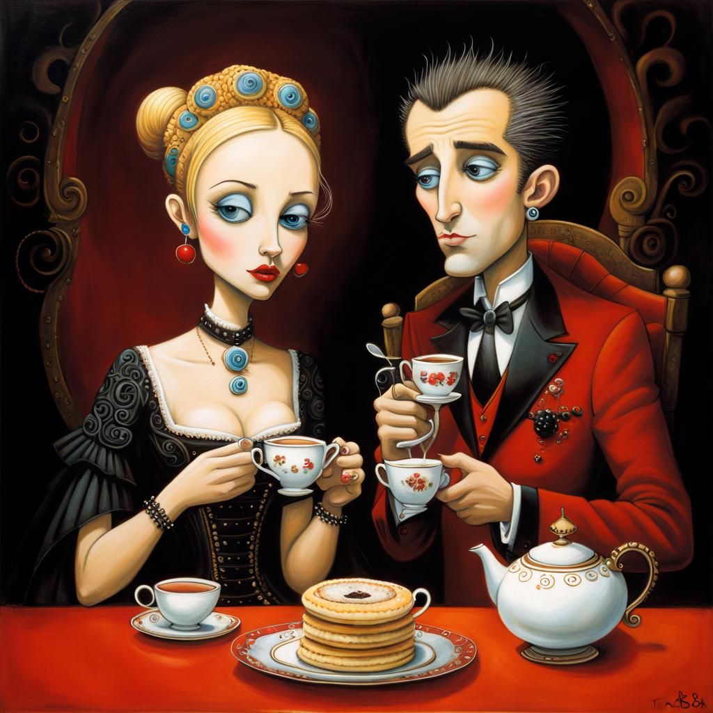 Couple's Whimsical Tea Party, Surreal Storybook Art