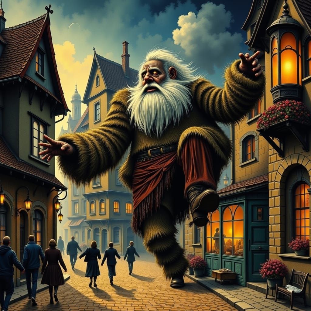 Giant Dances Through Medieval Town in Fantastical Art Style
