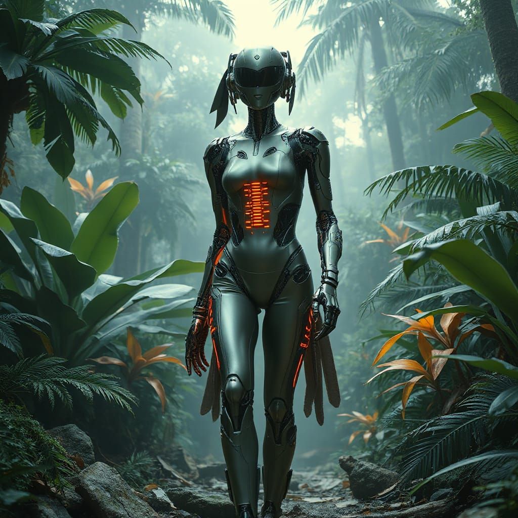 Female Robot in Lush Rainforest: Industrial Meets Organic