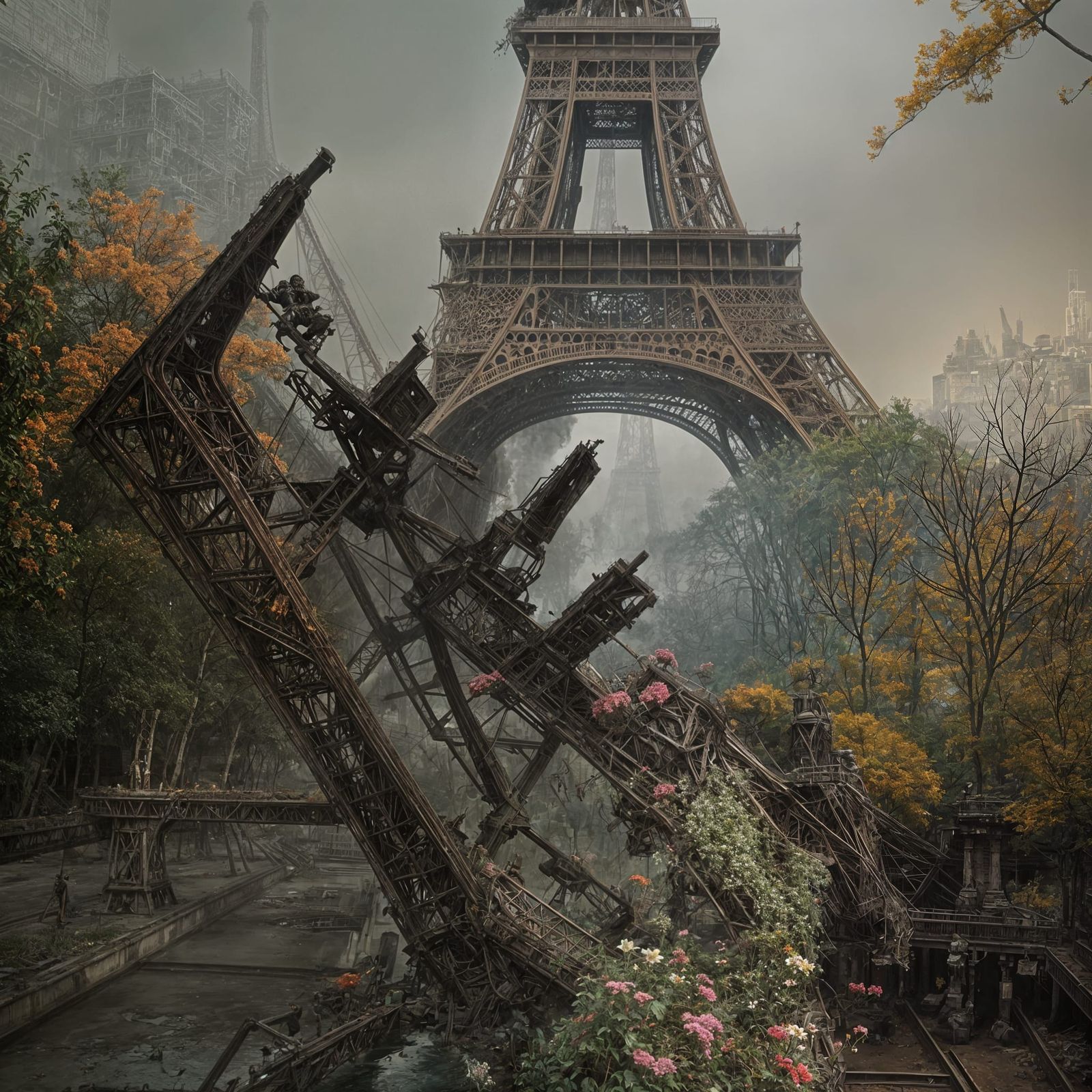 Post-Apocalyptic Eiffel Tower Ruins with Wildflowers