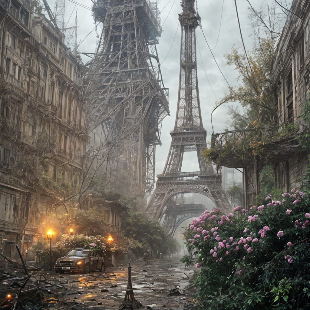 Post-Apocalyptic Eiffel Tower Ruins with Wildflowers