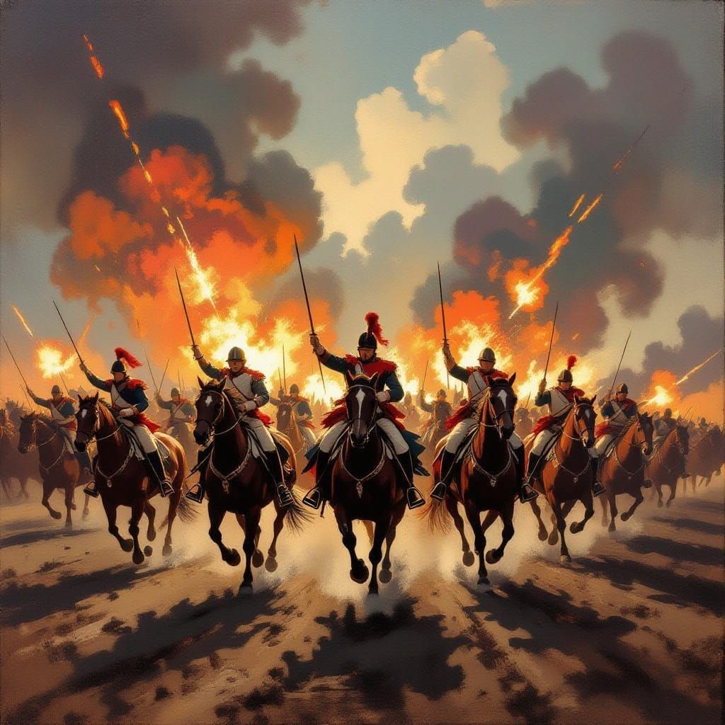 Epic Cavalry Charge Amidst Explosions