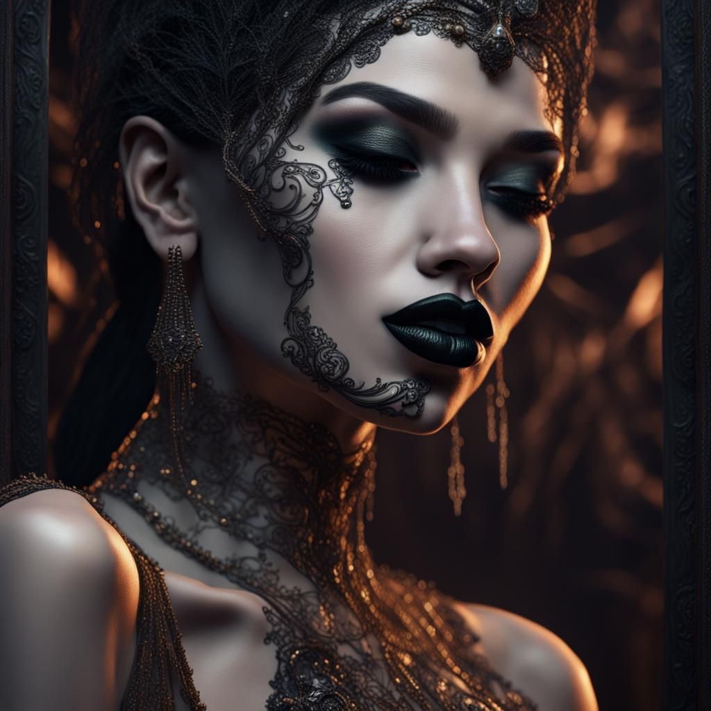 Intricate Portrait of Woman with Black Lipstick