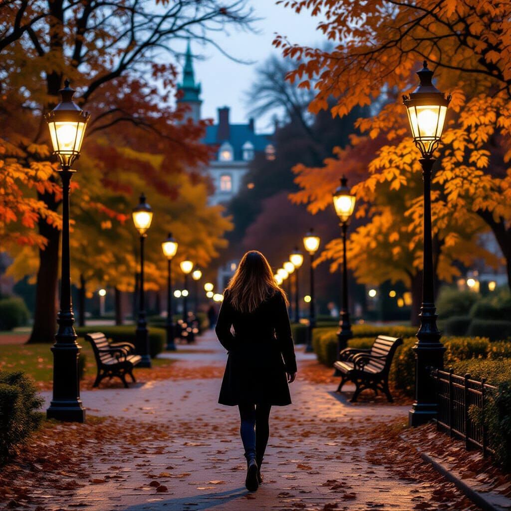 Autumn Evening Stroll with Gas Lamps