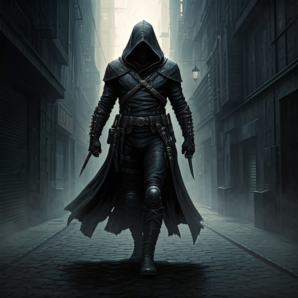 Shadowy Assassin Moves Through Misty Cityscape in Hyper-Real...