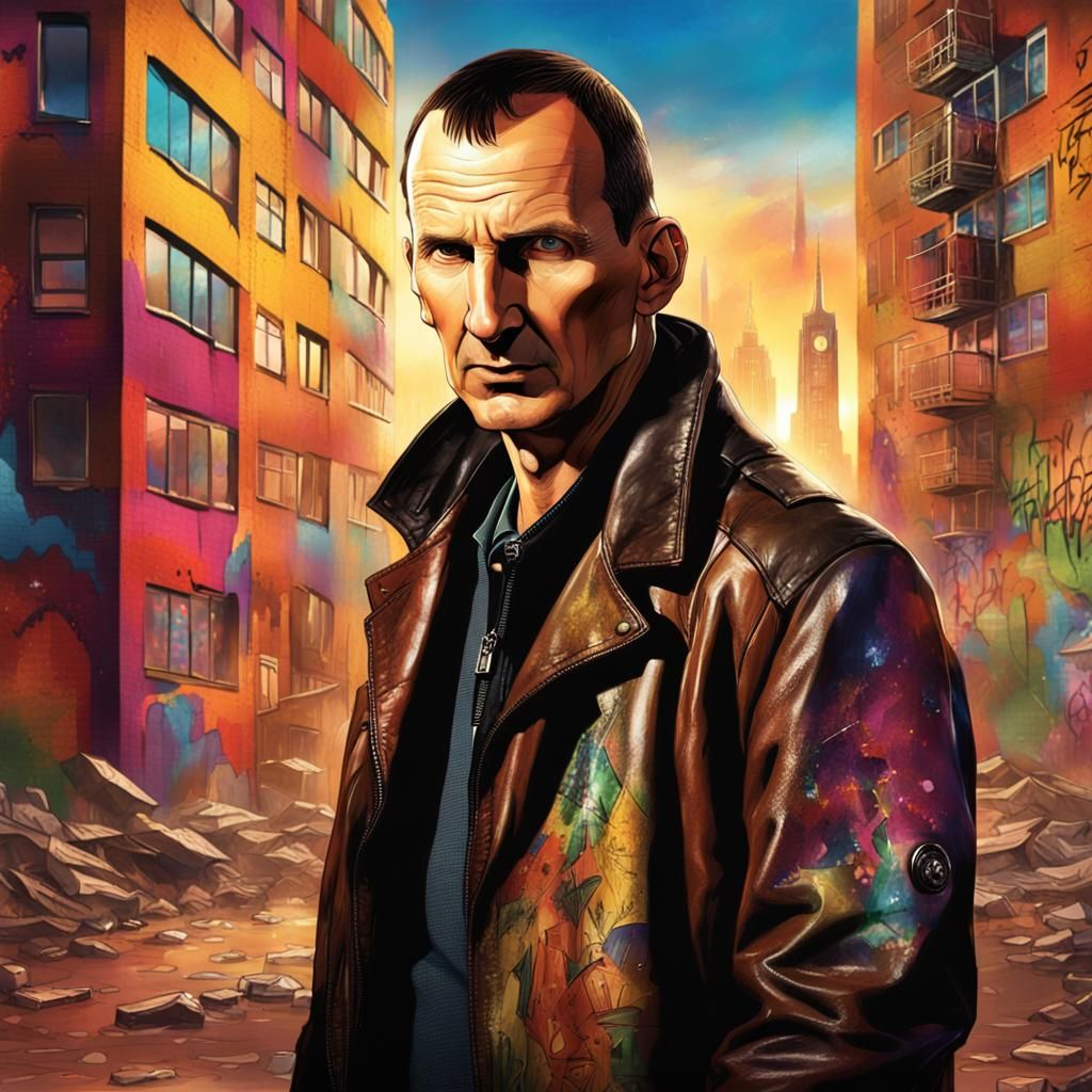 Ninth Doctor Portrait with Graffiti Tower Blocks