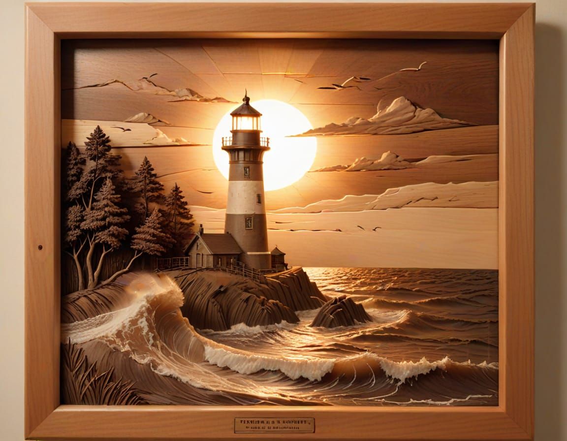 Sepia Sunrise Lighthouse as Wood Carving
