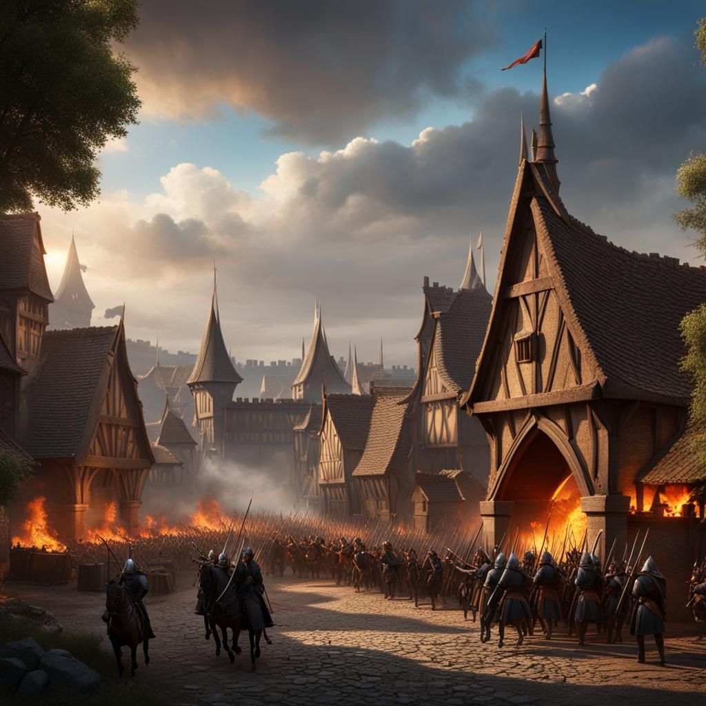 Medieval Army Attacks Village: Fantasy Concept Art