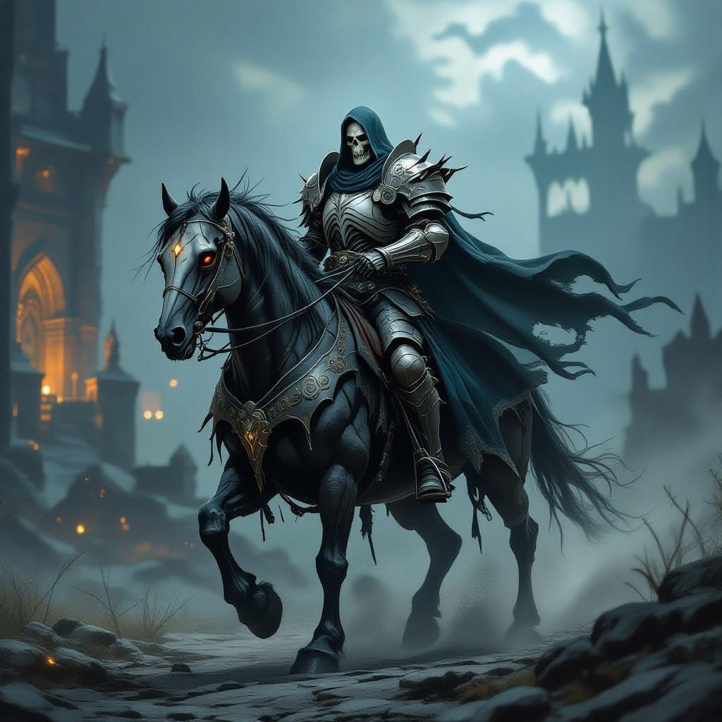 Death Knight on Undead Steed in Ancient Landscape