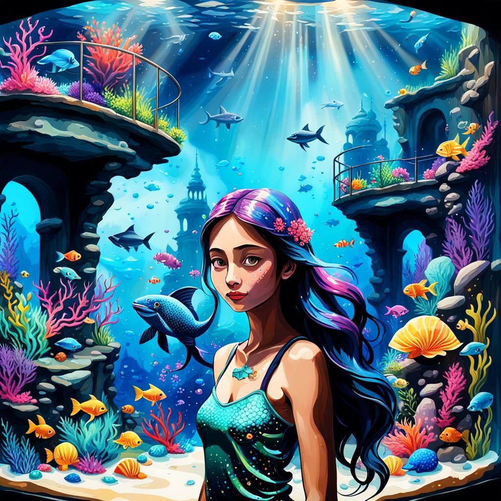 Colorful Aquarium Scene with Mermaids in Graffiti Art
