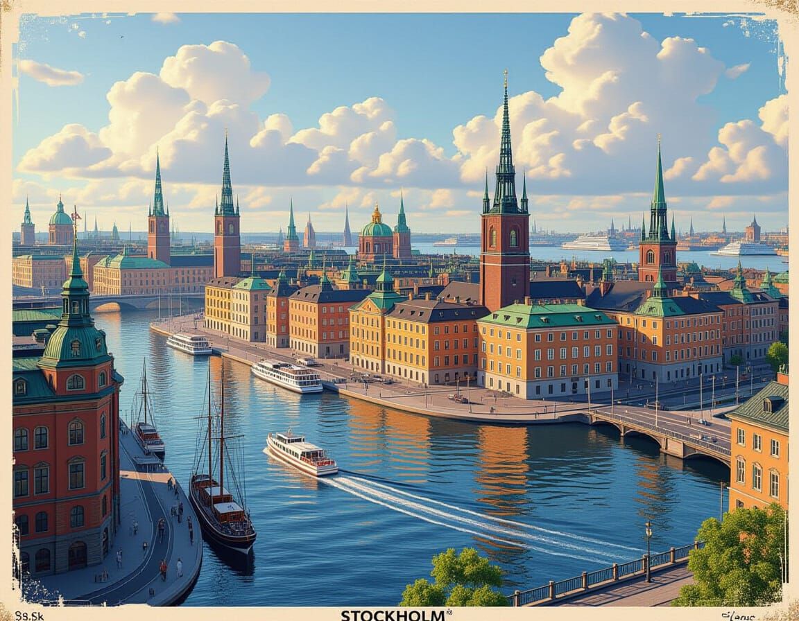 Fantastical Stockholm Vintage Postcard Matte Painting