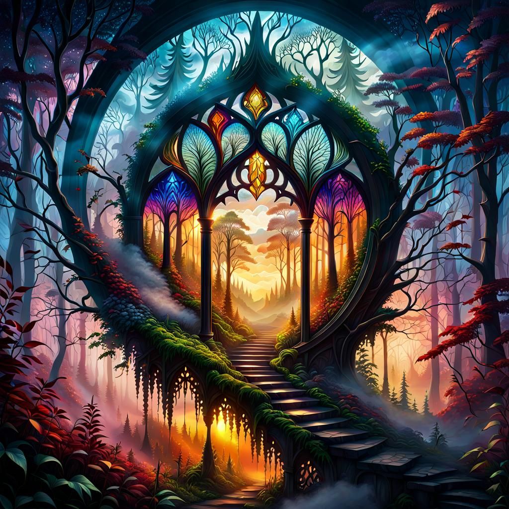 Stained Glass Window of Mystic Forest Path