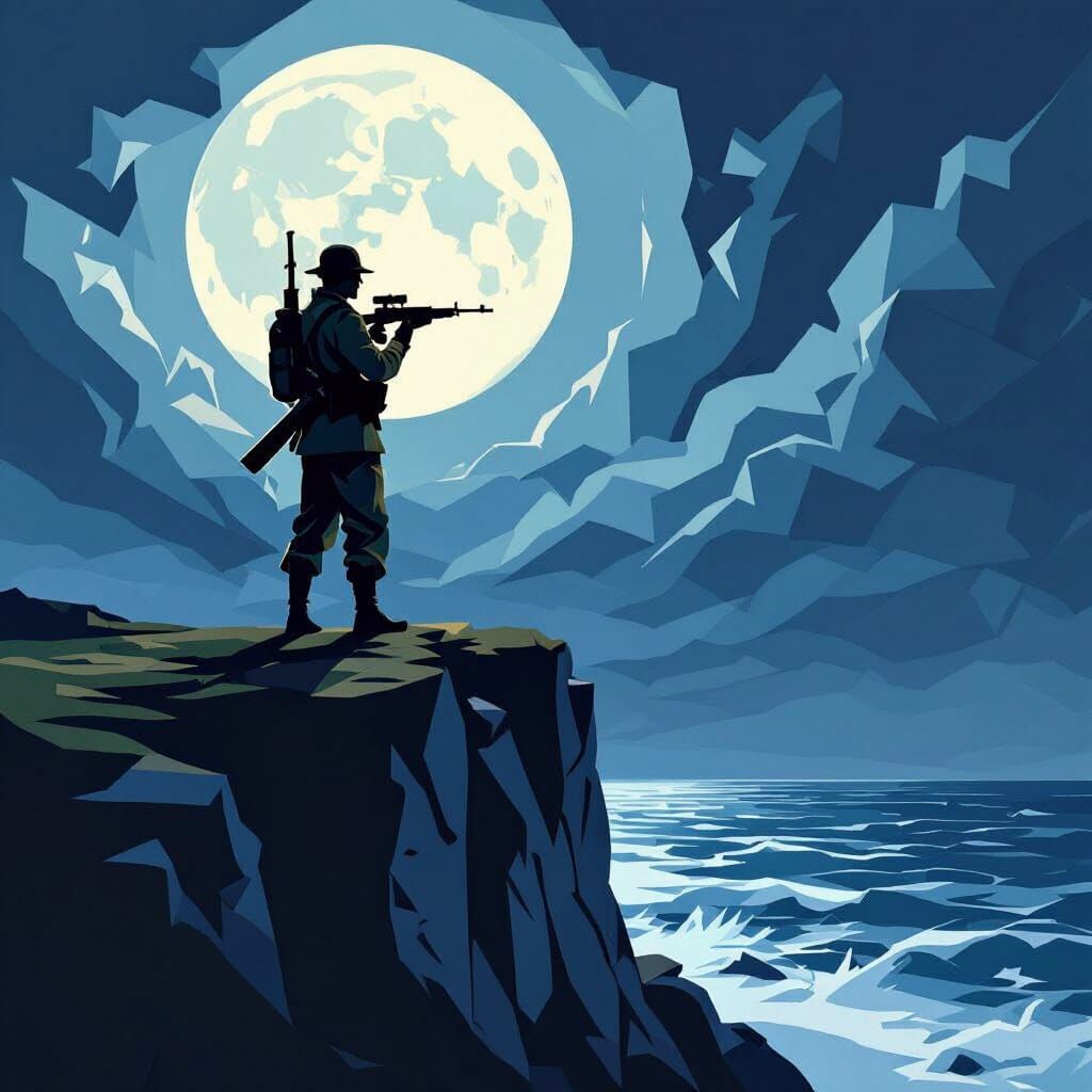 Lone Soldier on Dover Cliffs in Cubist Style