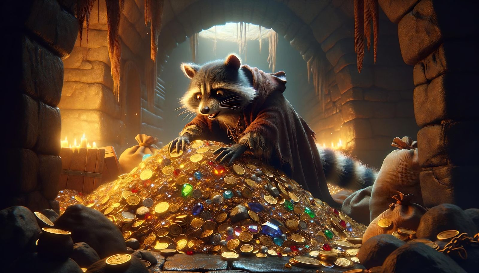 Raccoon Guarding Treasure in Overcrowded Cave