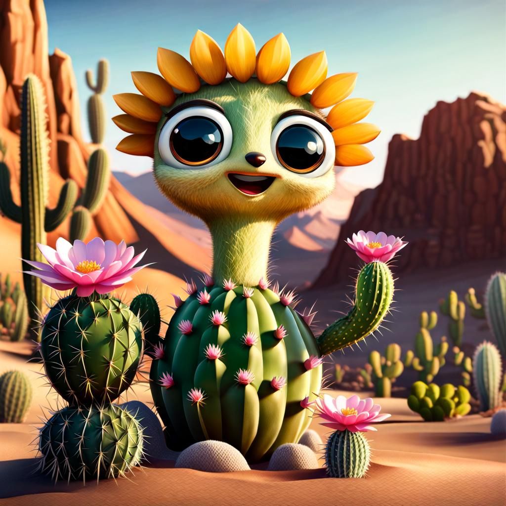 Cute Cactus Sprite in Desert Oasis, 3D Art