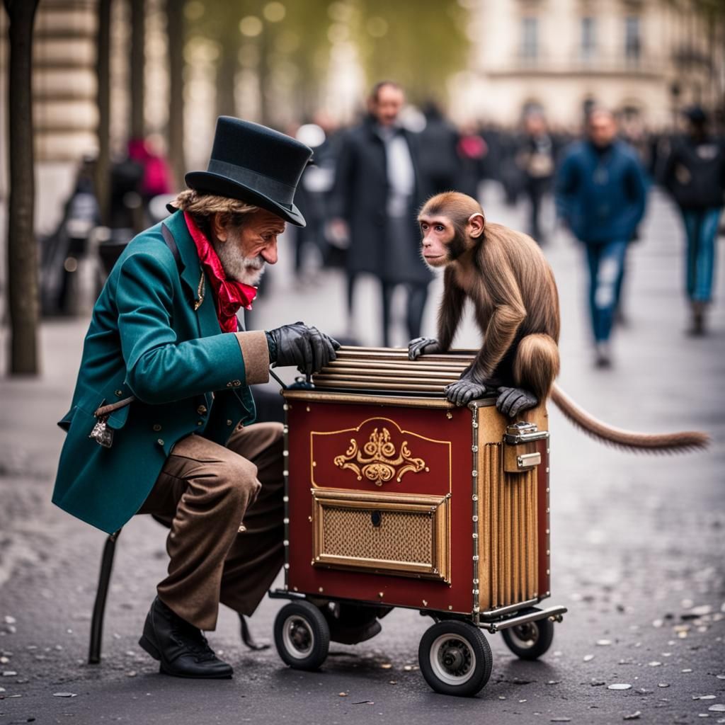 Parisian Organ Grinder and Monkey: Street Photography