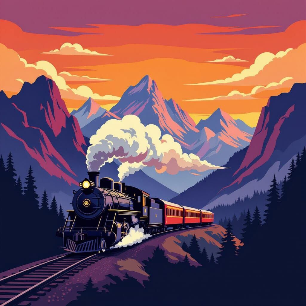 Vintage Train Travel Poster in Retro Illustration Style
