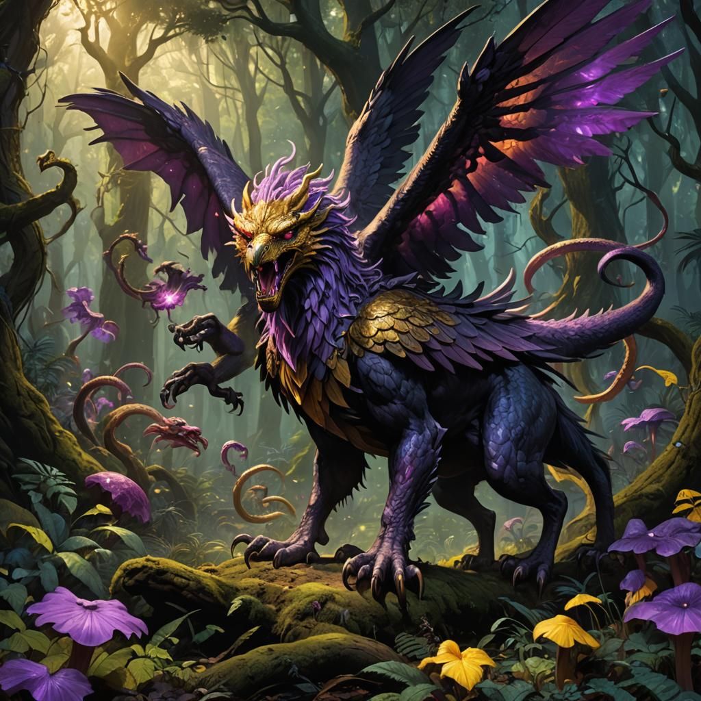Griffin vs Hydra: Dark Fantasy Forest Battle