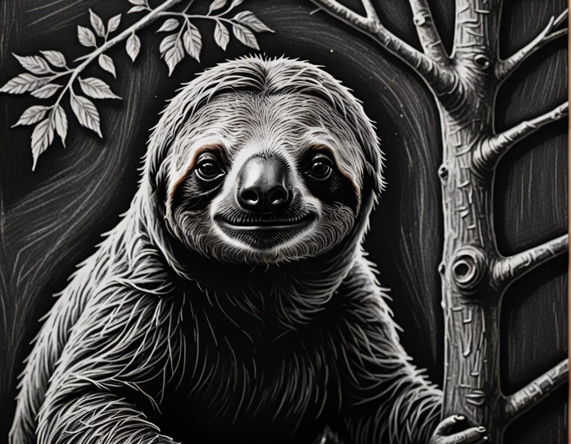 Sloth Portrait Sketch on Chalkboard in Impressionist Style