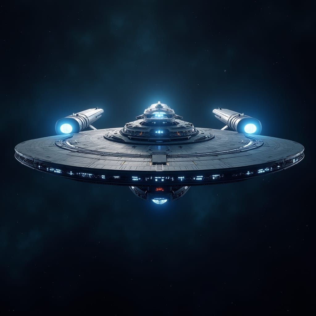 Galactic Starship in Orbit with Vibrant Blue Aura