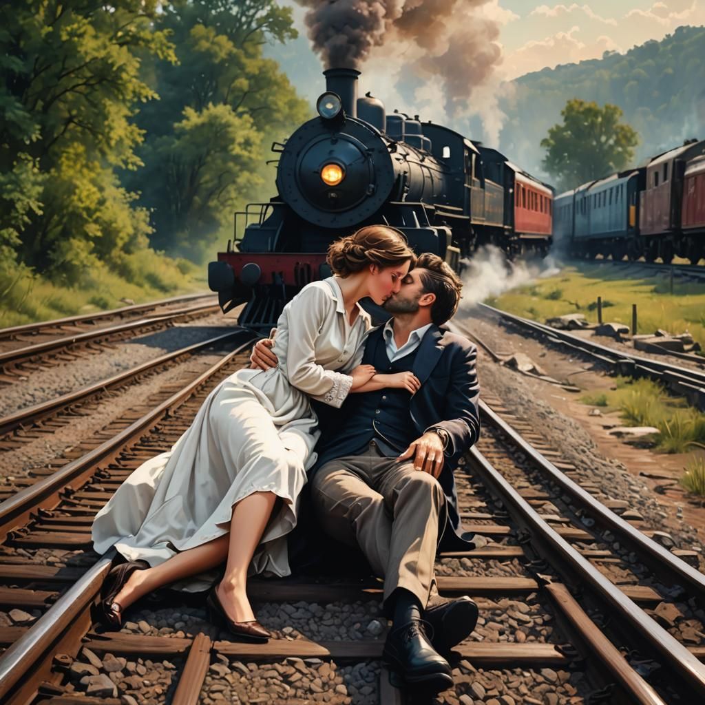 Lovers' Kiss Interrupted by Approaching Train