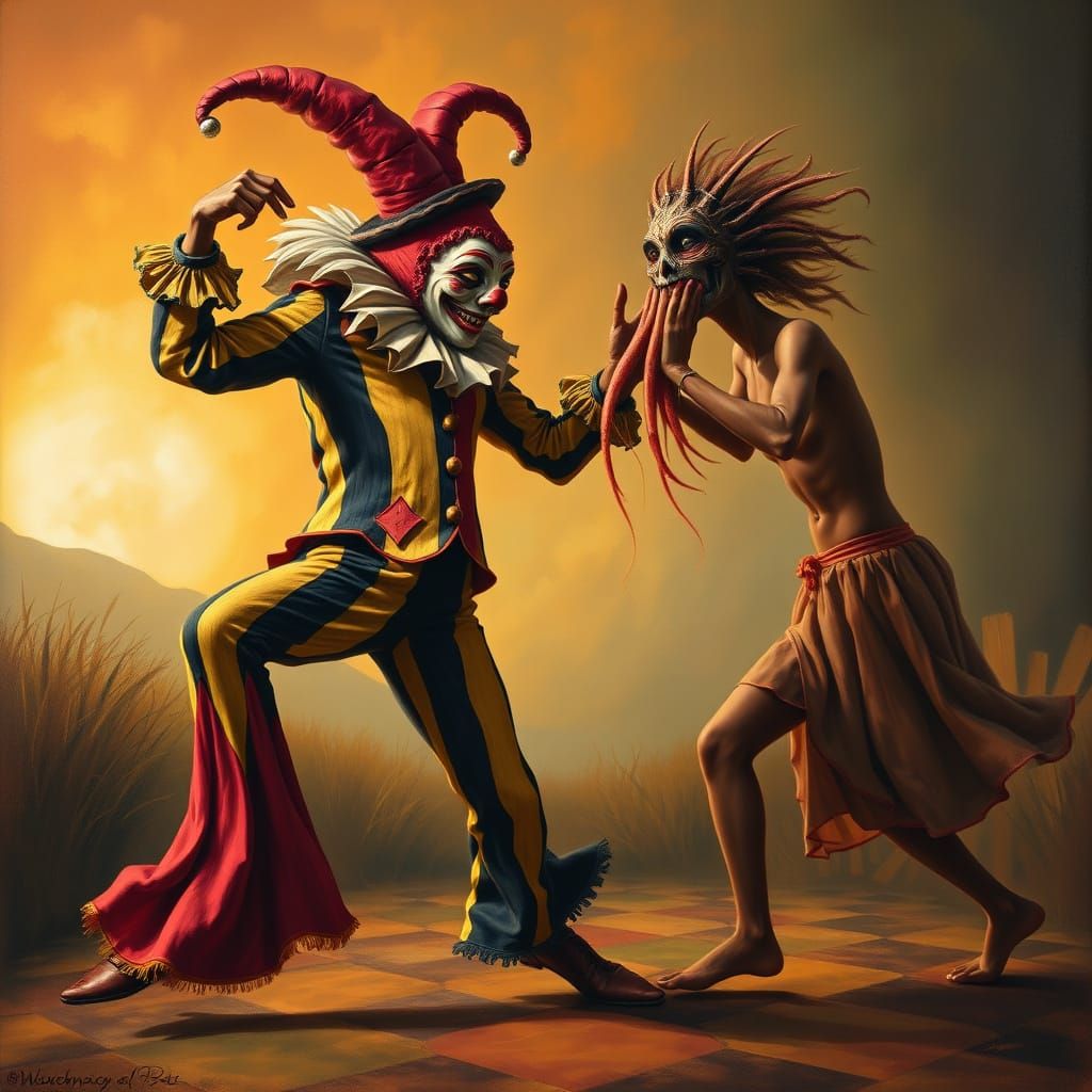 Surreal Harlequin-Squid Hybrid Dance in Oils