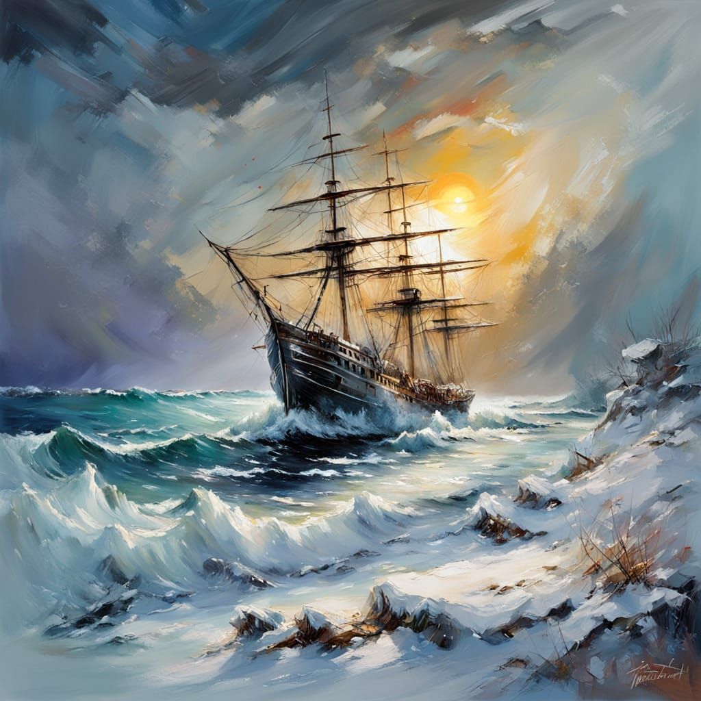 Winter Seascape Storm with Ghost Ship