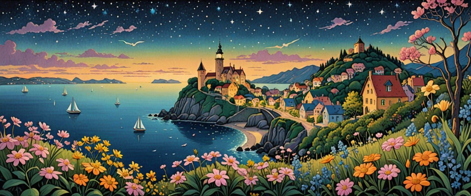 Naive Folk Art Coastal View in Watercolor and Gouache