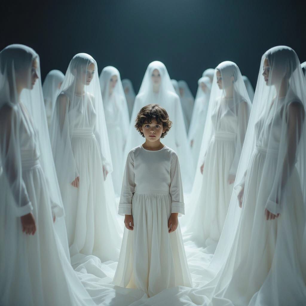 Ethereal Gowns Surround Young Boy in Cinematic Film Still