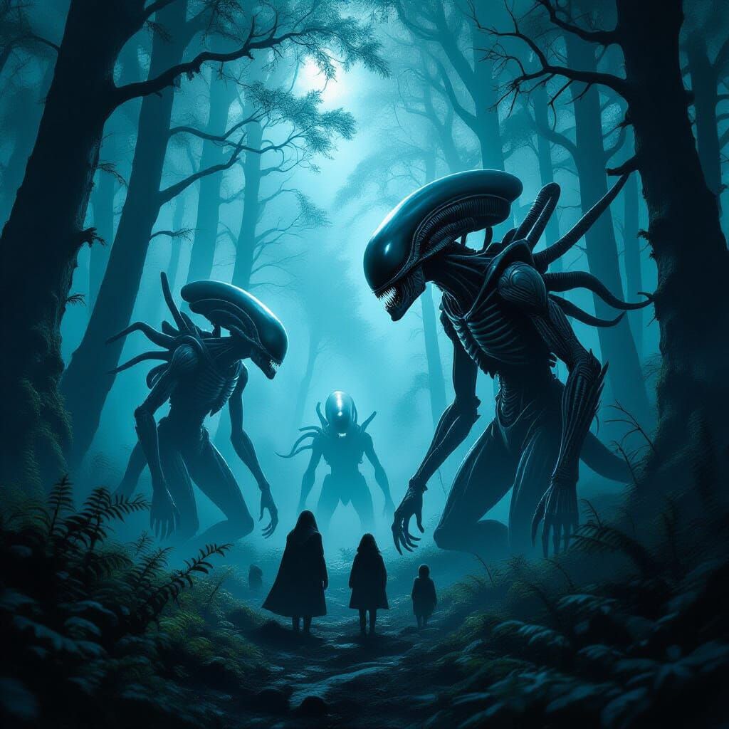 Scared Aliens in Ominous Forest