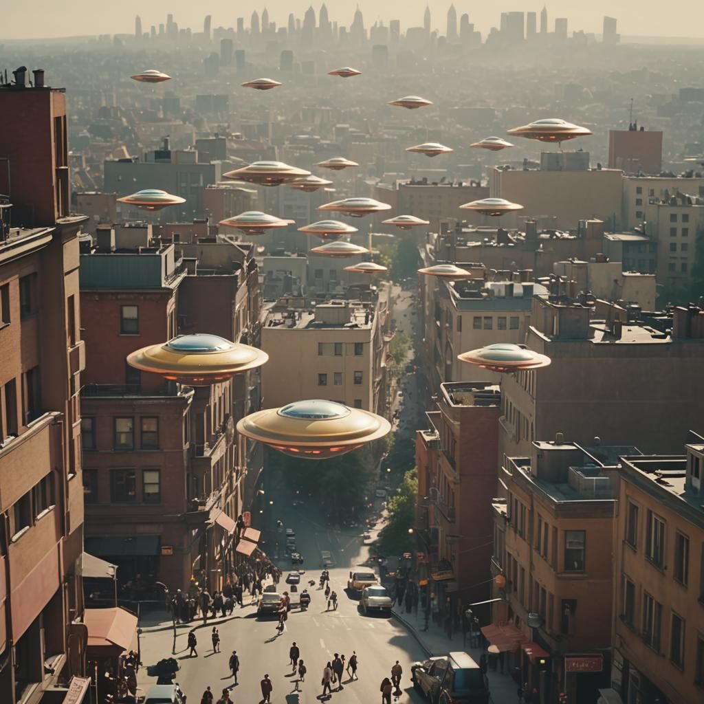 Flying Saucers Hovering Over City: Cinematic Film Still