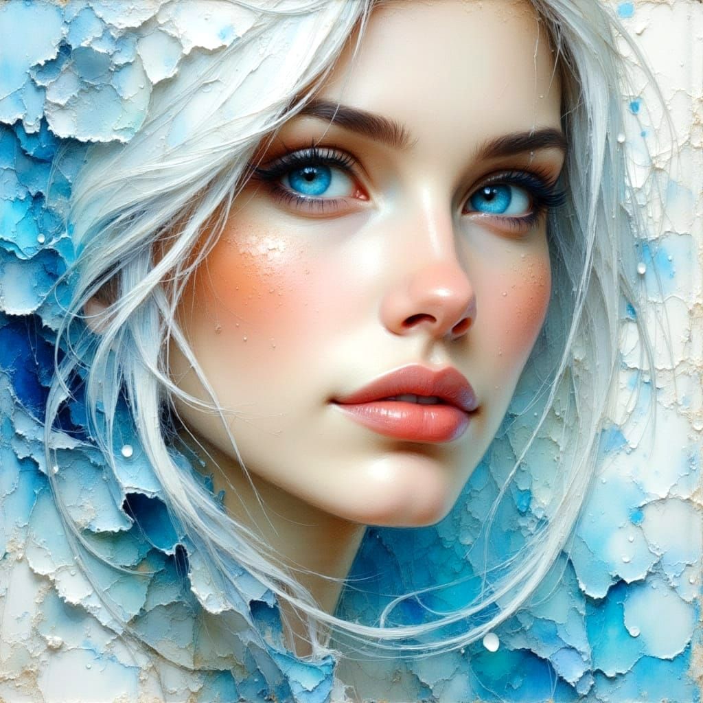 White-Haired Woman Portrait in Impasto Watercolor Style