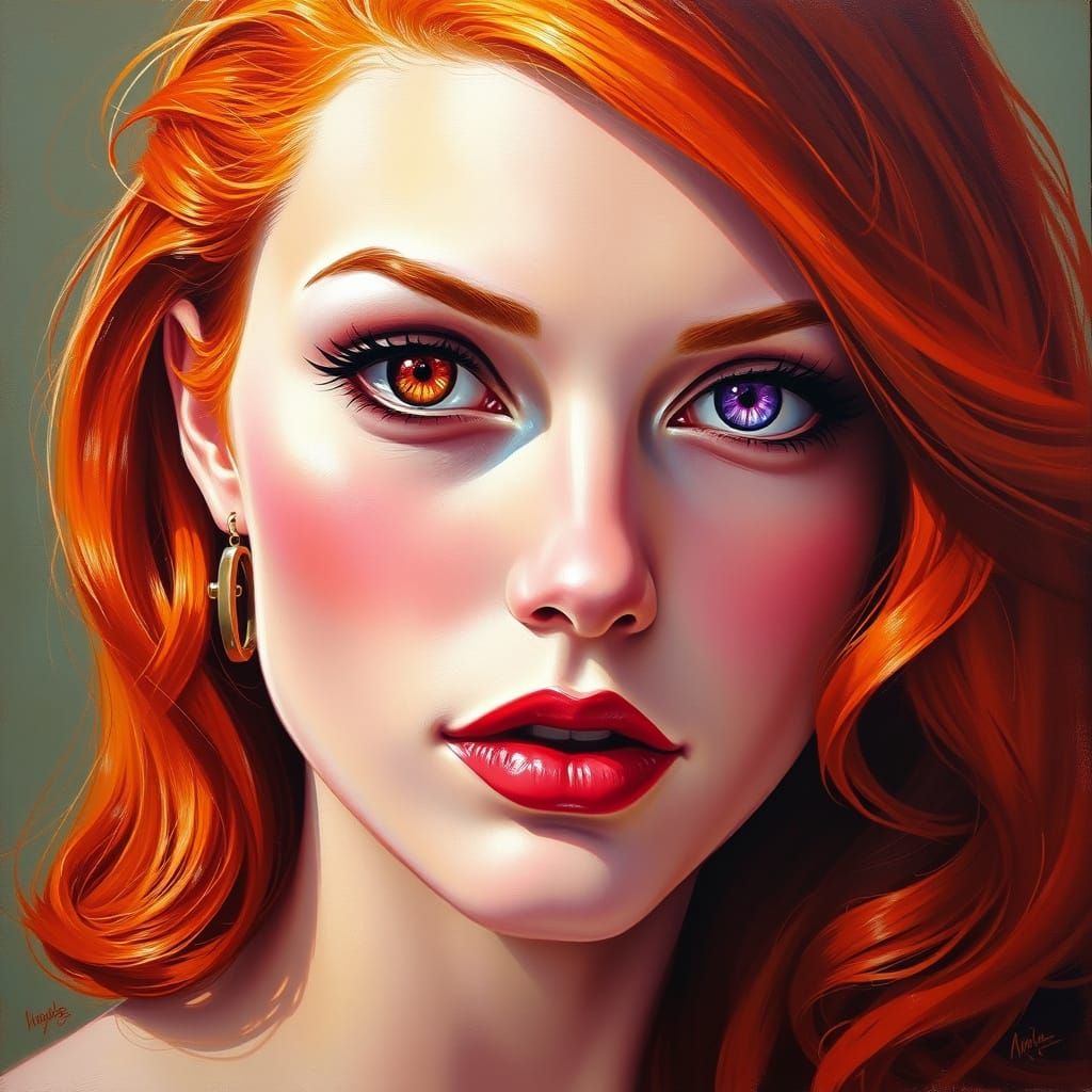 Pin-Up Beauty with Unusual Eyes in Oil Painting