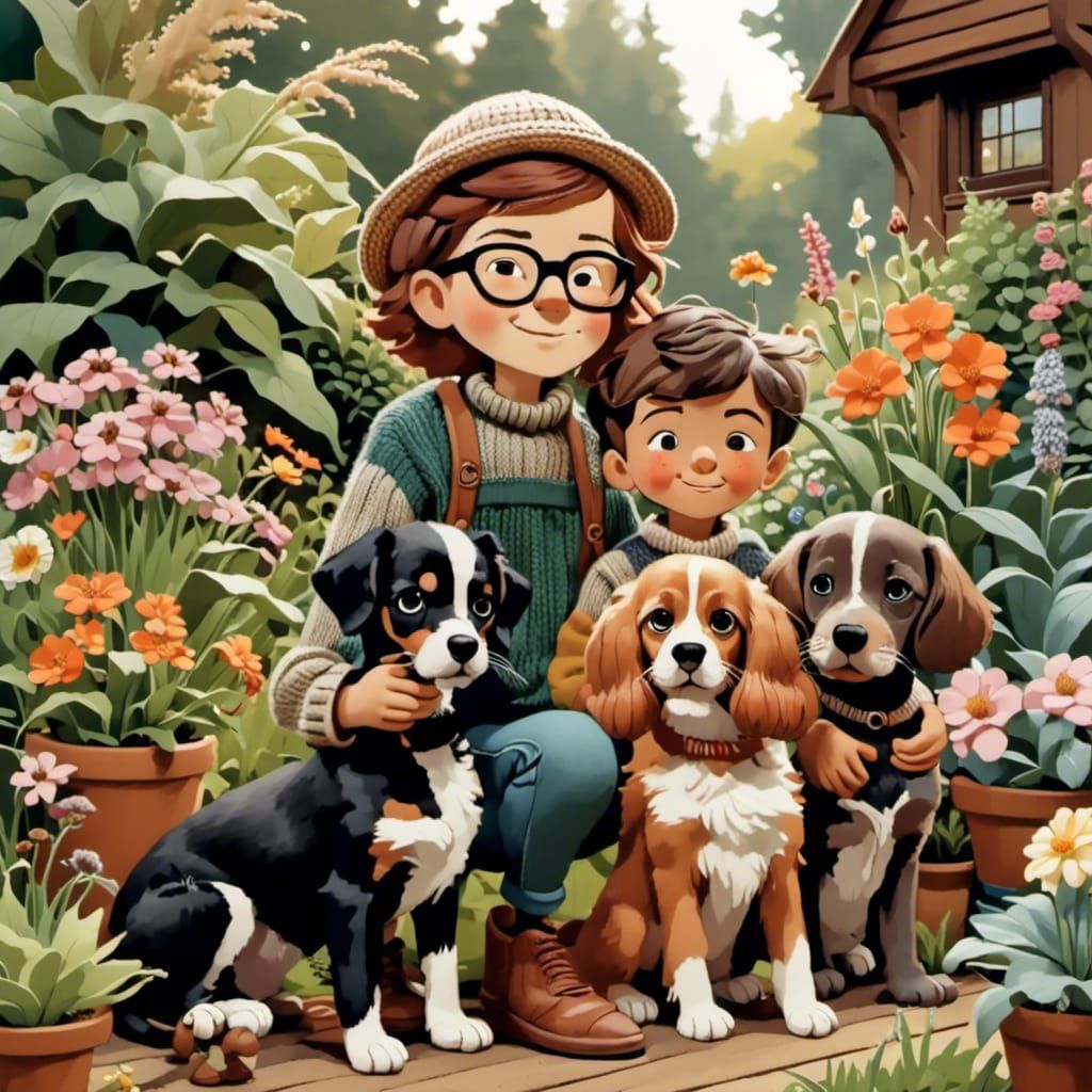 African American Boys Playing with Dogs