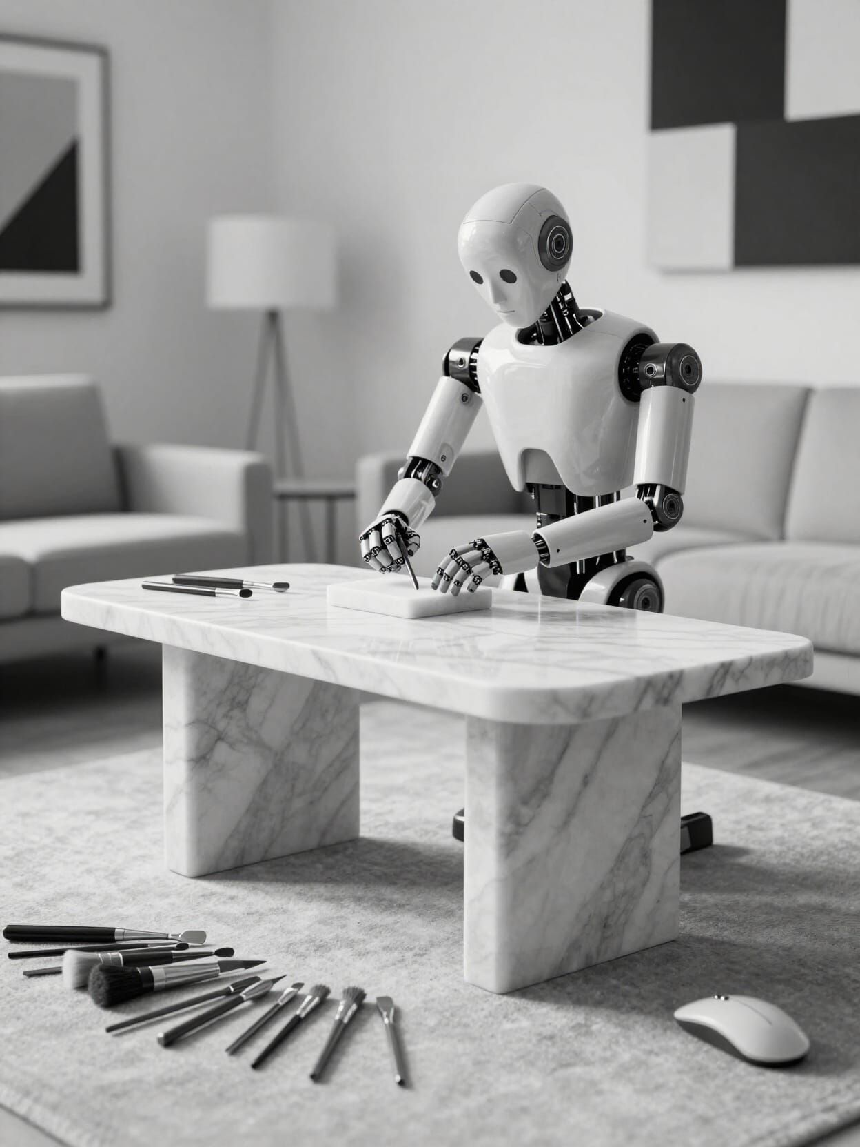 Robot Sculptor in Scandinavian Living Room