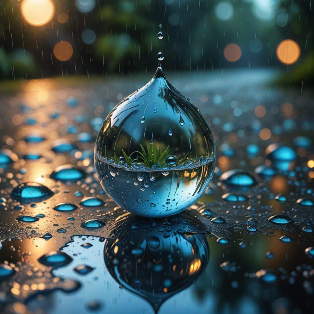 Raindrop Reflecting a Fantasy World: Surreal Oil Painting