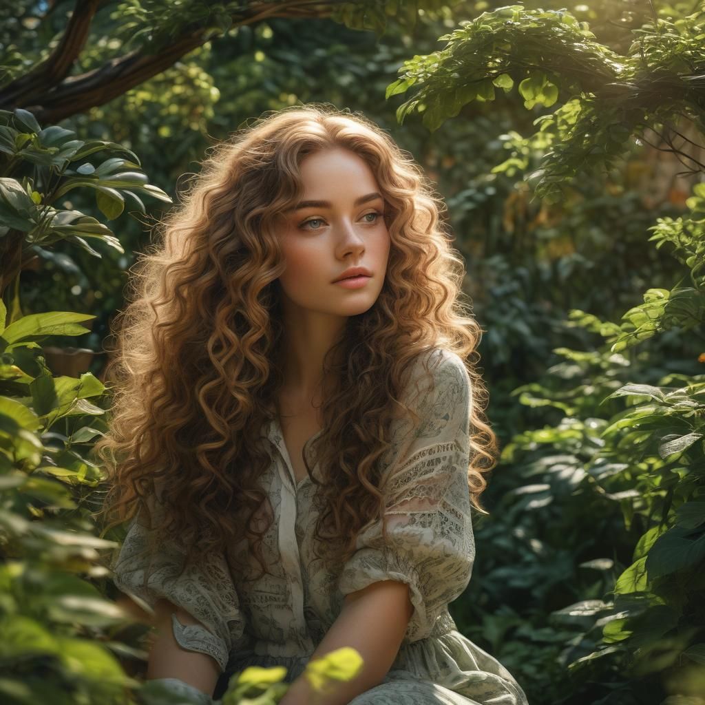 Beautiful Girl with Curls in Sunlit Garden