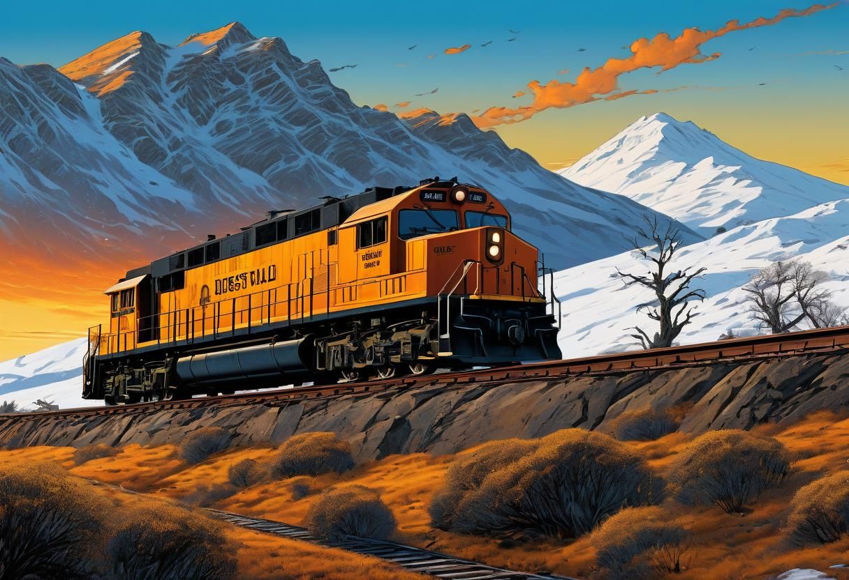 Diesel Train at Sunset in Comic Book Style