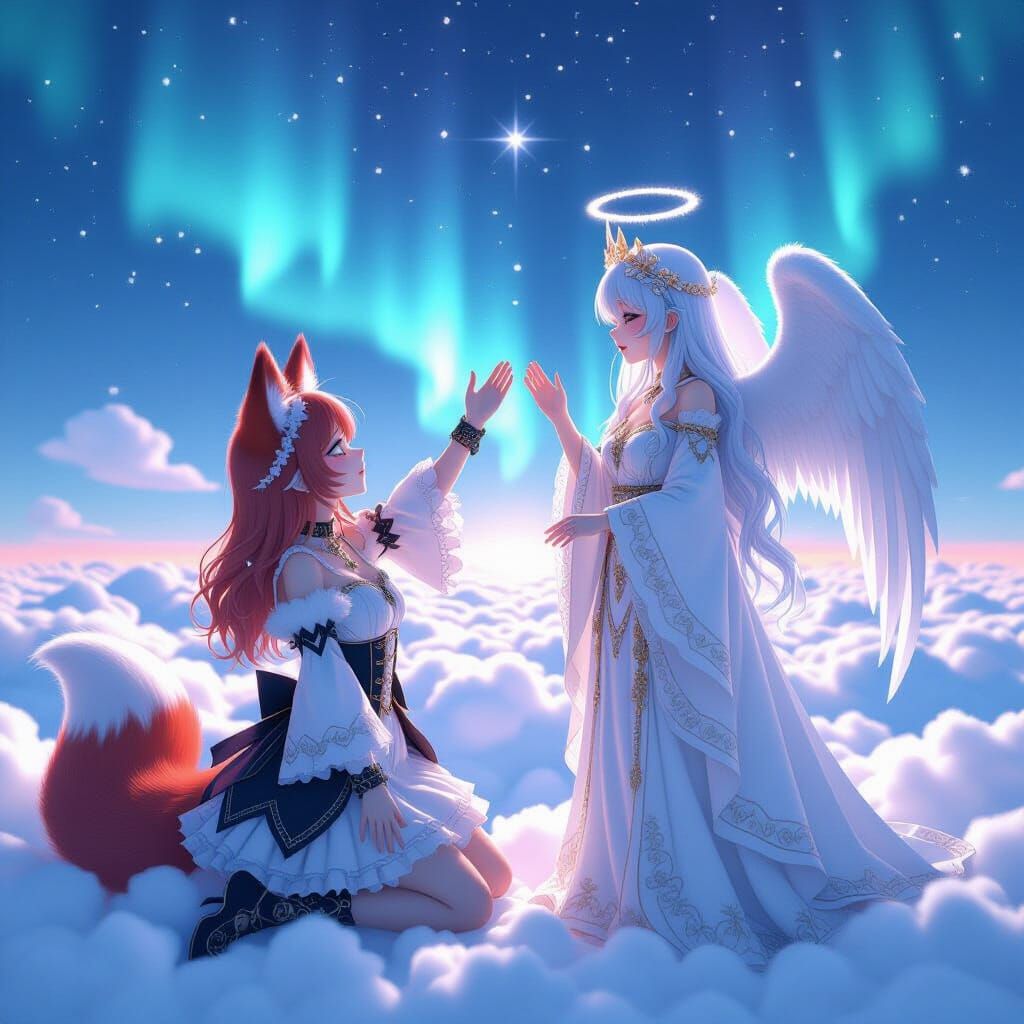 Anime Demon Girl Reaches for Angel in Aurora Sky