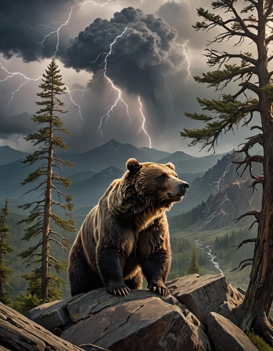 Grizzly Bear in Thunderstorm: A Futuristic Naturalism