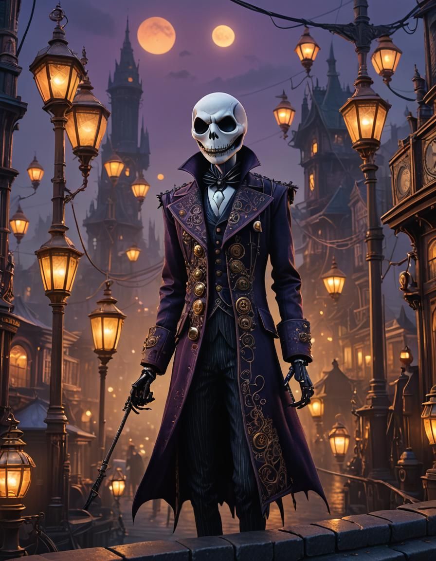 Steampunk Jack Skellington in Surreal Cityscape